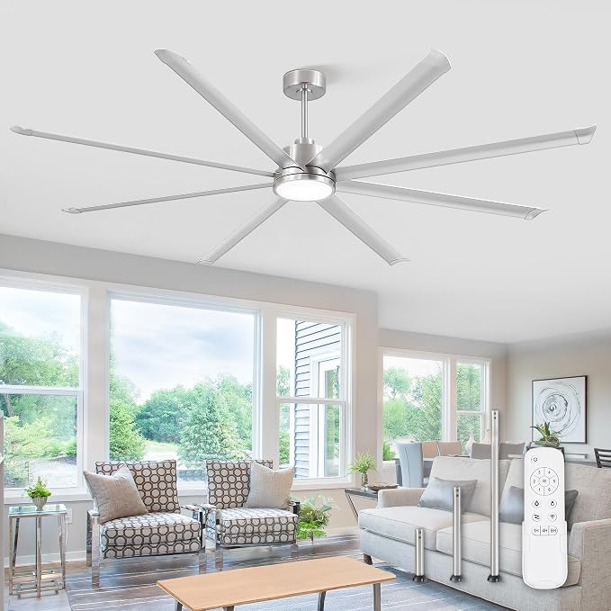 96 Inch Ceiling Fans with Lights, Large Indoor/Outdoor Industrial Ceiling Fan with 8 Aluminum Reversible Blades, Quiet DC