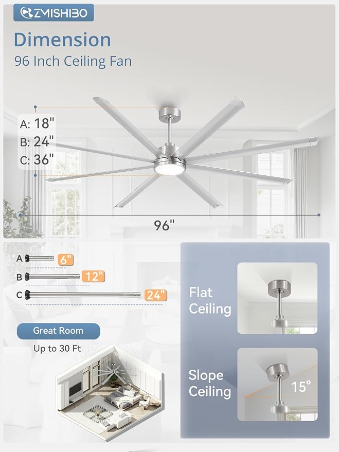 96 Inch Ceiling Fans with Lights, Large Indoor/Outdoor Industrial Ceiling Fan with 8 Aluminum Reversible Blades, Quiet DC