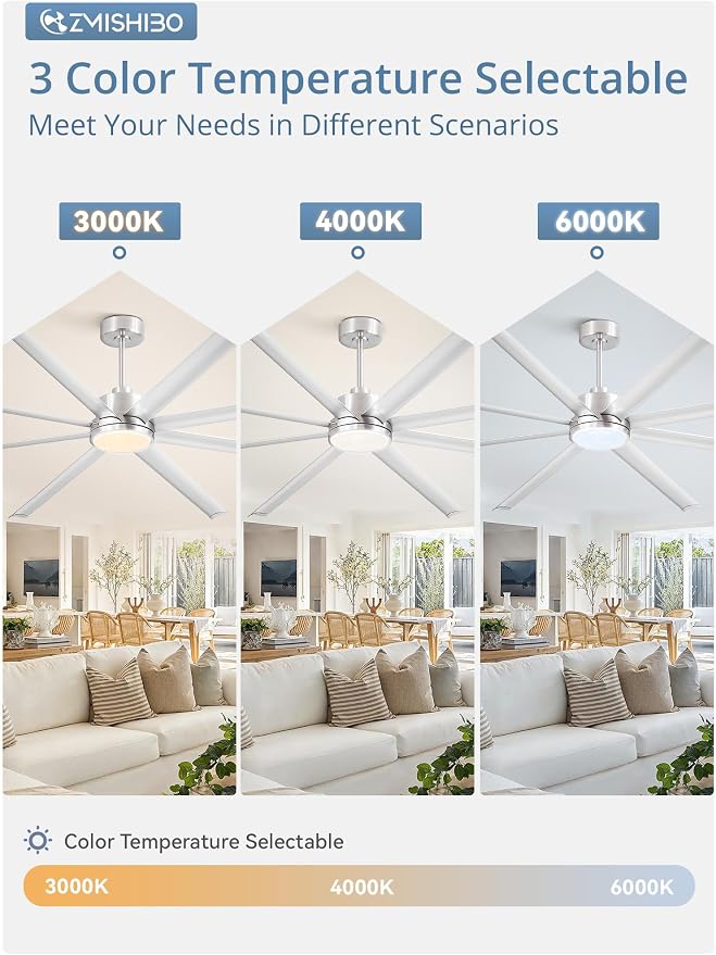 96 Inch Ceiling Fans with Lights, Large Indoor/Outdoor Industrial Ceiling Fan with 8 Aluminum Reversible Blades, Quiet DC