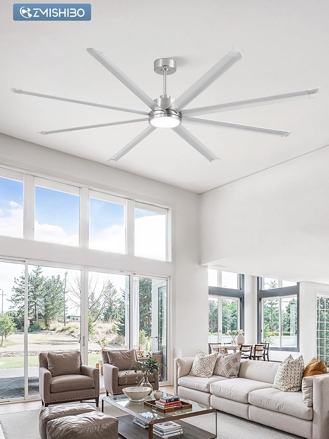 96 Inch Ceiling Fans with Lights, Large Indoor/Outdoor Industrial Ceiling Fan with 8 Aluminum Reversible Blades, Quiet DC