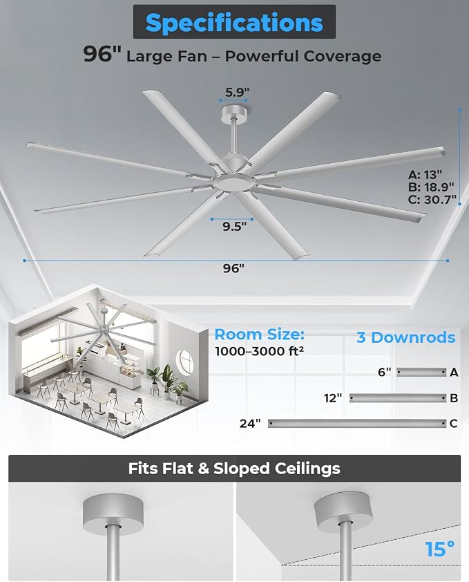 96 Inch Industrial Ceiling Fan, Large Commercial HVLS Shop Ceiling Fan for Garage Gatio Gym, Big Assed Ceiling Fans with 8
