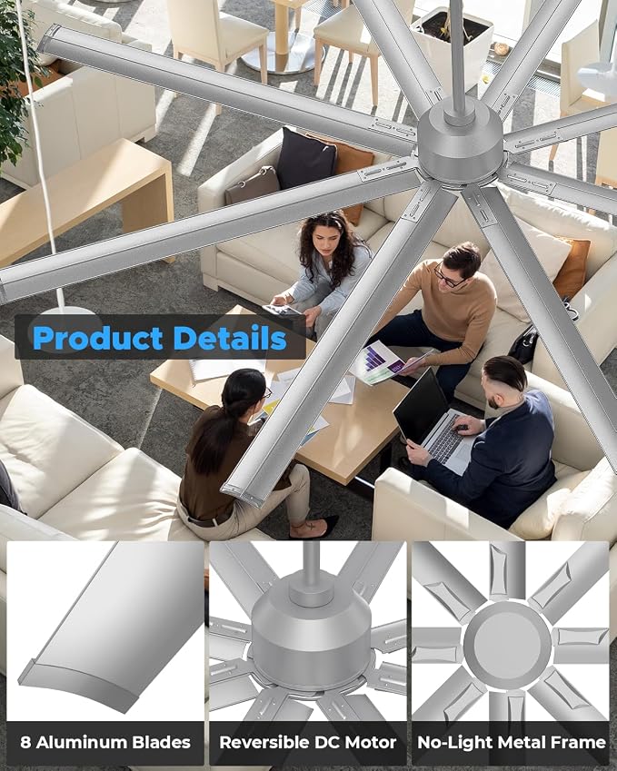 96 Inch Industrial Ceiling Fan, Large Commercial HVLS Shop Ceiling Fan for Garage Gatio Gym, Big Assed Ceiling Fans with 8