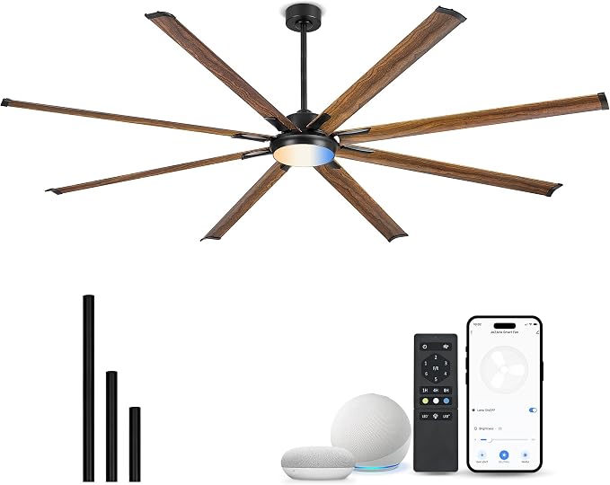 96 Inch Industrial Ceiling Fan with Light and Remote, Extra Large Design with 8 Aluminum Blades, Smart Control Compatible