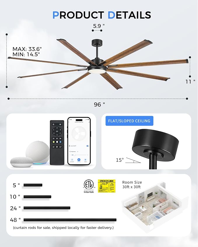 96 Inch Industrial Ceiling Fan with Light and Remote, Extra Large Design with 8 Aluminum Blades, Smart Control Compatible