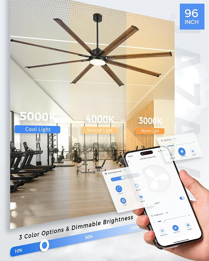 96 Inch Industrial Ceiling Fan with Light and Remote, Extra Large Design with 8 Aluminum Blades, Smart Control Compatible