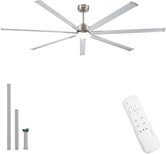 96 Inch Industrial Ceiling Fans with Light,Brushed Nickel HVLS Ceiling Fan with 6 Speeds Reversible Motor,High CFM