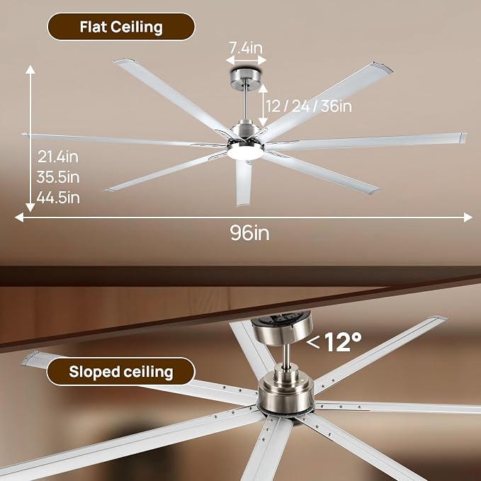 96 Inch Industrial Ceiling Fans with Light,Brushed Nickel HVLS Ceiling Fan with 6 Speeds Reversible Motor,High CFM