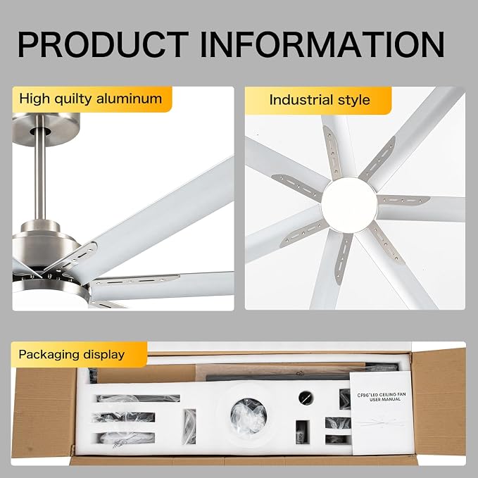 96 Inch Industrial Ceiling Fans with Light,Brushed Nickel HVLS Ceiling Fan with 6 Speeds Reversible Motor,High CFM