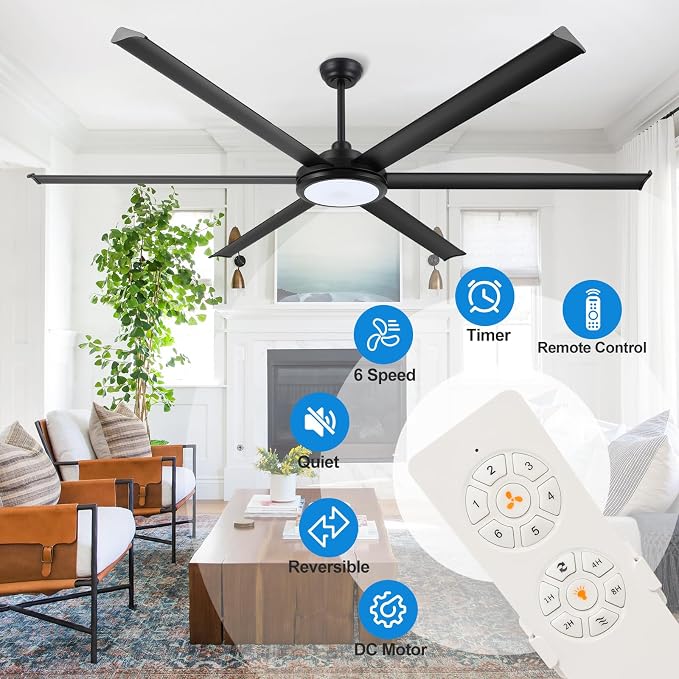 96" Industrial Ceiling Fan with Light and Remote Control, 6-Speed Noiseless Reversible DC Motor, 6 Durable Aluminum