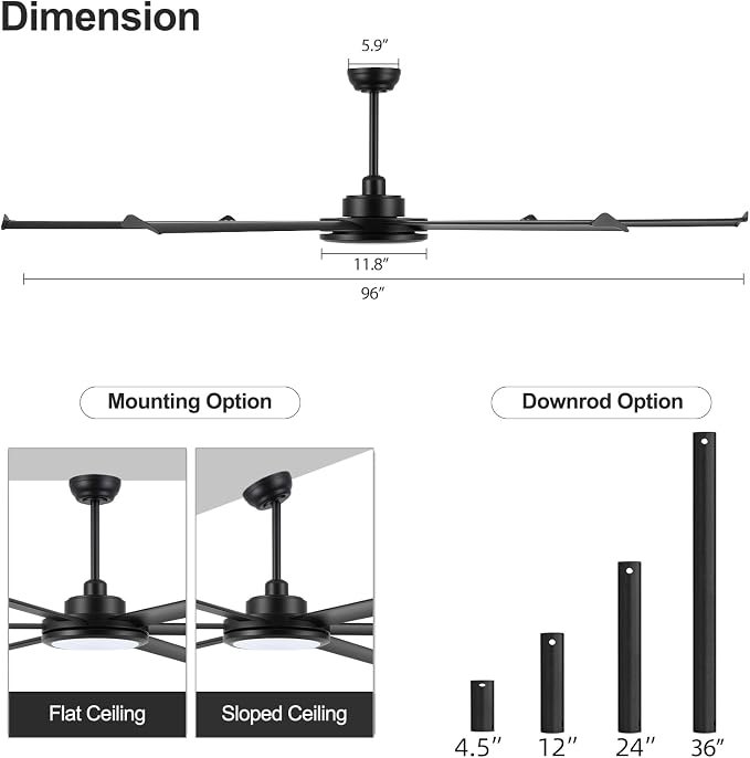 96" Industrial Ceiling Fan with Light and Remote Control, 6-Speed Noiseless Reversible DC Motor, 6 Durable Aluminum