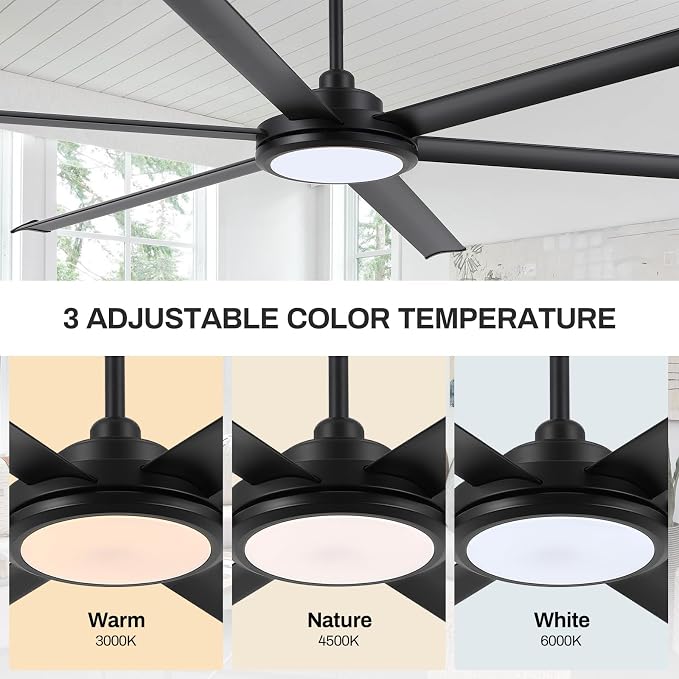 96" Industrial Ceiling Fan with Light and Remote Control, 6-Speed Noiseless Reversible DC Motor, 6 Durable Aluminum