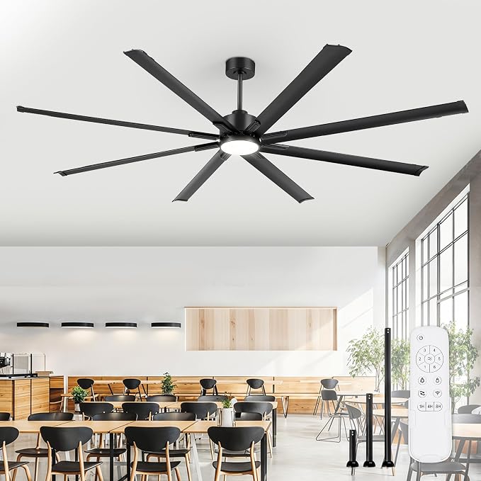 96" Industrial Ceiling Fans with Lights, Large Ceiling Fan with 3CCT, 8 Reverisble Aluminum Blades, Quiet DC Motor, 6-Speed