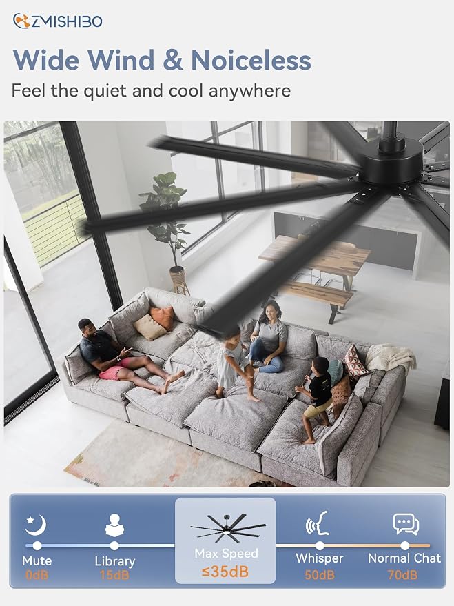 96" Industrial Ceiling Fans with Lights, Large Ceiling Fan with 3CCT, 8 Reverisble Aluminum Blades, Quiet DC Motor, 6-Speed