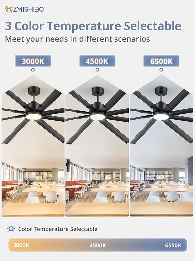 96" Industrial Ceiling Fans with Lights, Large Ceiling Fan with 3CCT, 8 Reverisble Aluminum Blades, Quiet DC Motor, 6-Speed