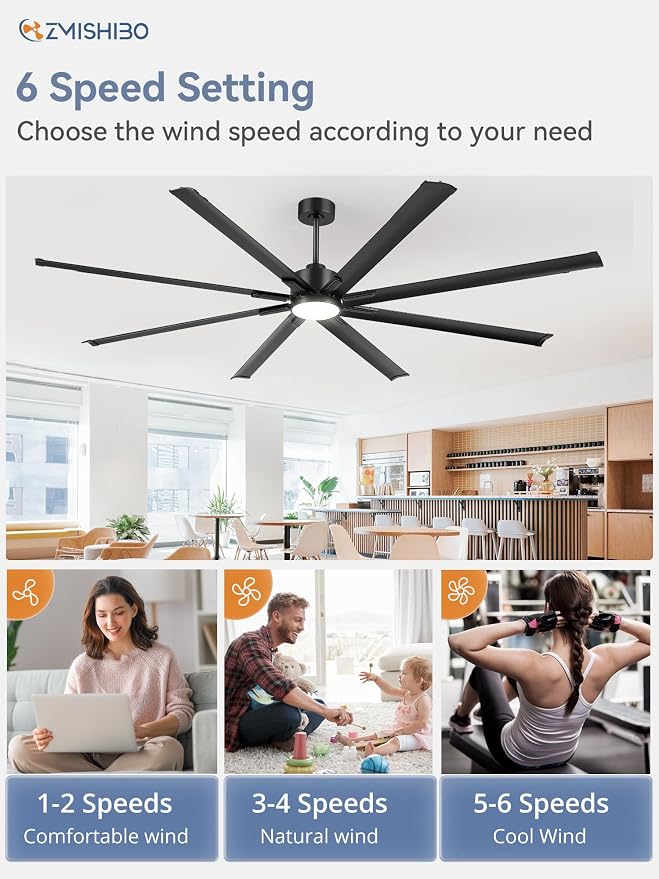96" Industrial Ceiling Fans with Lights, Large Ceiling Fan with 3CCT, 8 Reverisble Aluminum Blades, Quiet DC Motor, 6-Speed