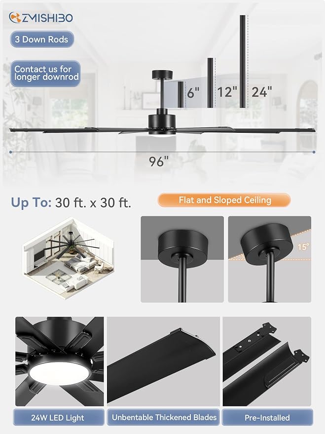 96" Industrial Ceiling Fans with Lights, Large Ceiling Fan with 3CCT, 8 Reverisble Aluminum Blades, Quiet DC Motor, 6-Speed