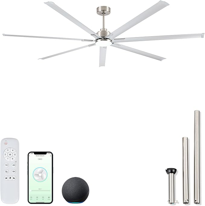 96" Industrial Commercial HVLS 7 Brushed Nickel Aluminum Blades Ceiling Fan with Light and Compatible Alexa,High CFM