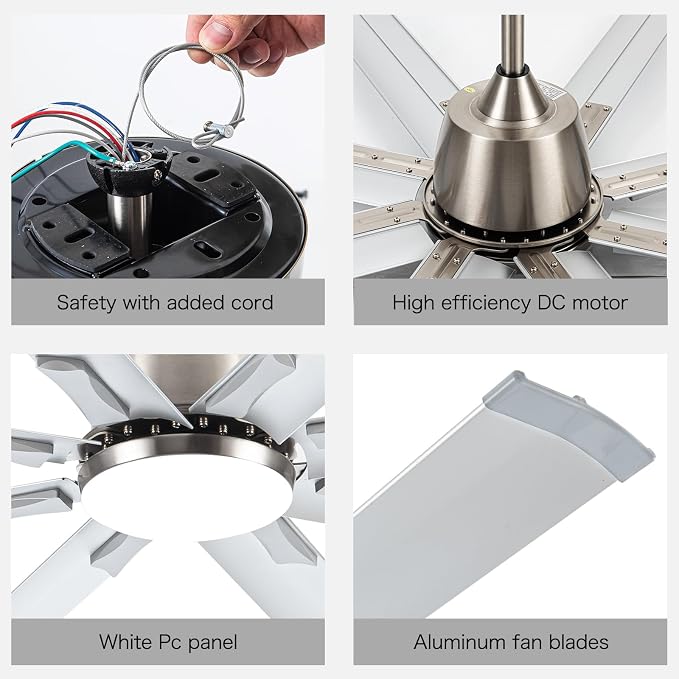 96" Industrial Commercial HVLS 7 Brushed Nickel Aluminum Blades Ceiling Fan with Light and Compatible Alexa,High CFM