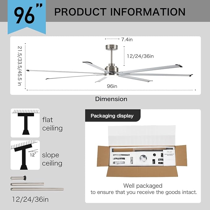 96" Industrial Commercial HVLS 7 Brushed Nickel Aluminum Blades Ceiling Fan with Light and Compatible Alexa,High CFM