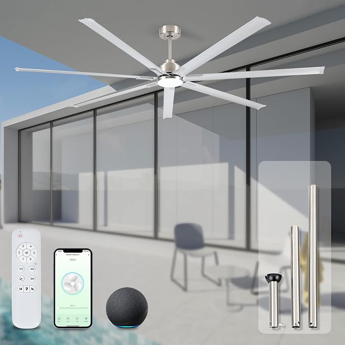 96" Industrial Commercial HVLS 7 Brushed Nickel Aluminum Blades Ceiling Fan with Light and Compatible Alexa,High CFM