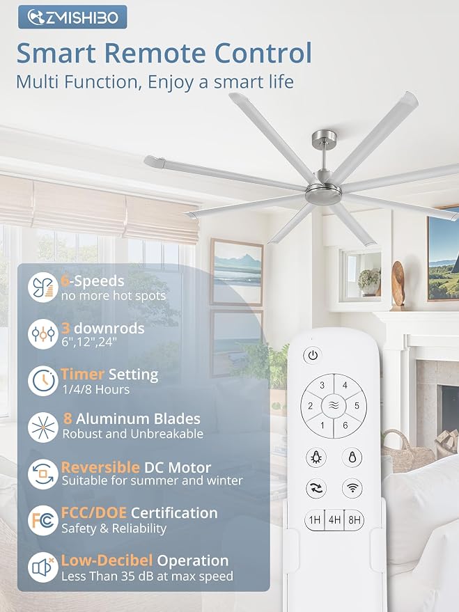 96" Large Industrial Ceiling Fans No light with Aluminum 8 Blades, Commercial HVLS Ceiling Fan without Light,Quiet DC Motor,6