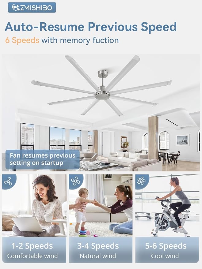 96" Large Industrial Ceiling Fans No light with Aluminum 8 Blades, Commercial HVLS Ceiling Fan without Light,Quiet DC Motor,6