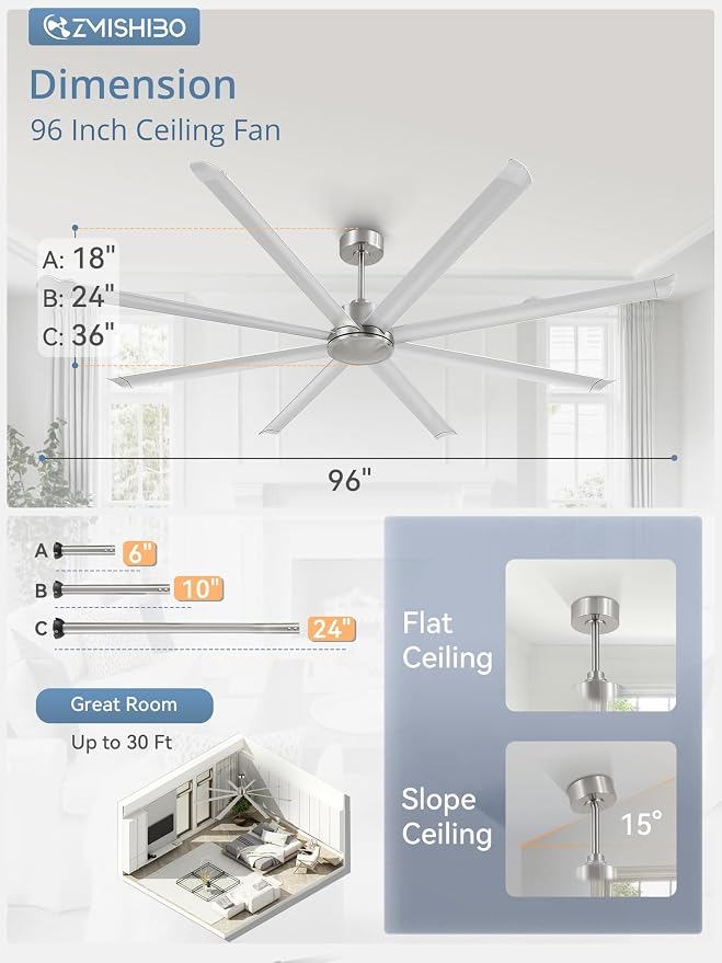 96" Large Industrial Ceiling Fans No light with Aluminum 8 Blades, Commercial HVLS Ceiling Fan without Light,Quiet DC Motor,6