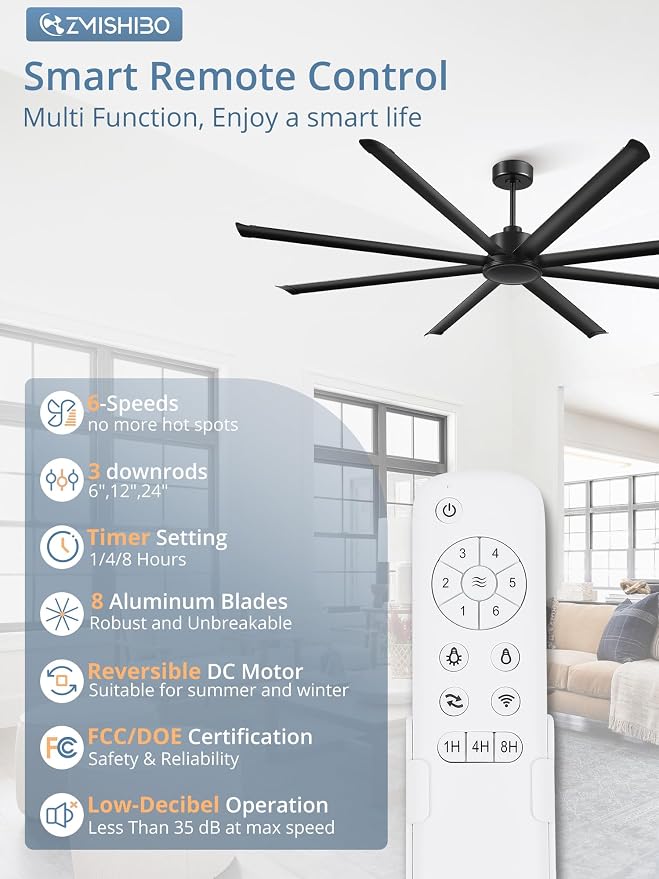 96" Large Industrial Ceiling Fans No light with Aluminum 8 Blades, Commercial HVLS Ceiling Fan without Light,Quiet DC Motor,6