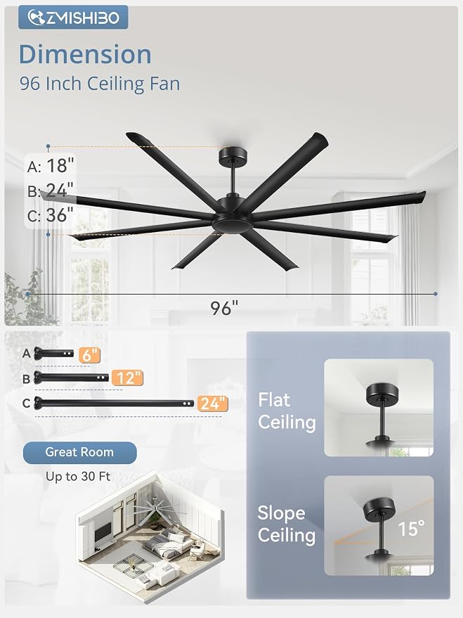 96" Large Industrial Ceiling Fans No light with Aluminum 8 Blades, Commercial HVLS Ceiling Fan without Light,Quiet DC Motor,6