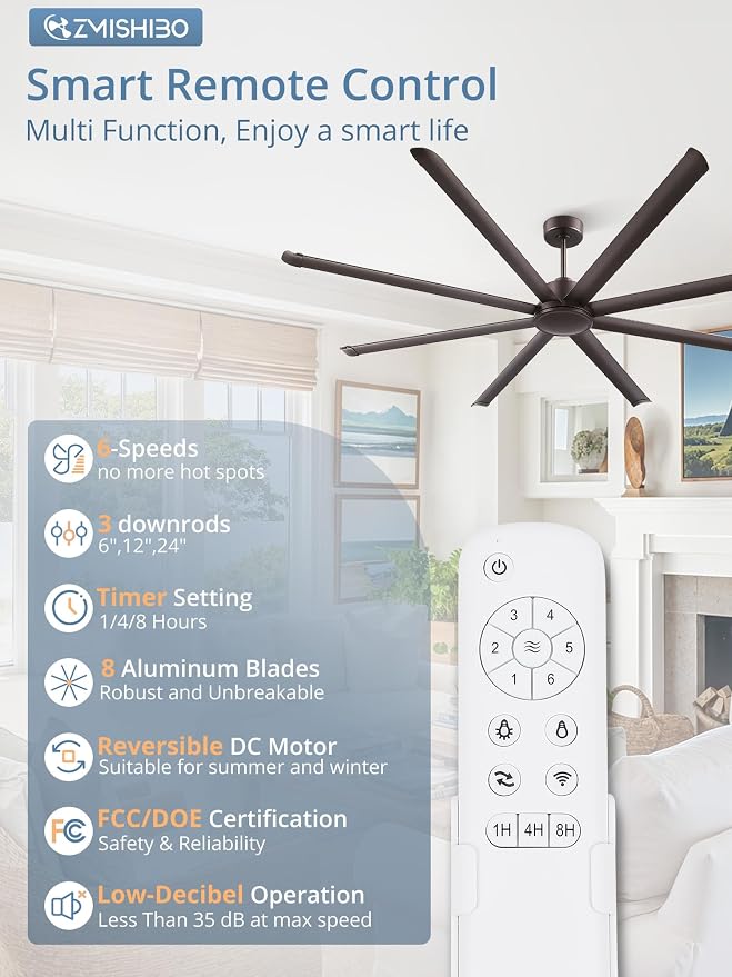 96" Large Industrial Ceiling Fans No light with Aluminum 8 Blades, Commercial HVLS Ceiling Fan without Light,Quiet DC Motor,6
