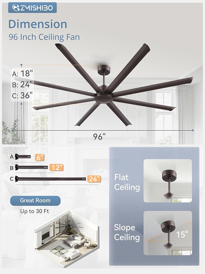 96" Large Industrial Ceiling Fans No light with Aluminum 8 Blades, Commercial HVLS Ceiling Fan without Light,Quiet DC Motor,6