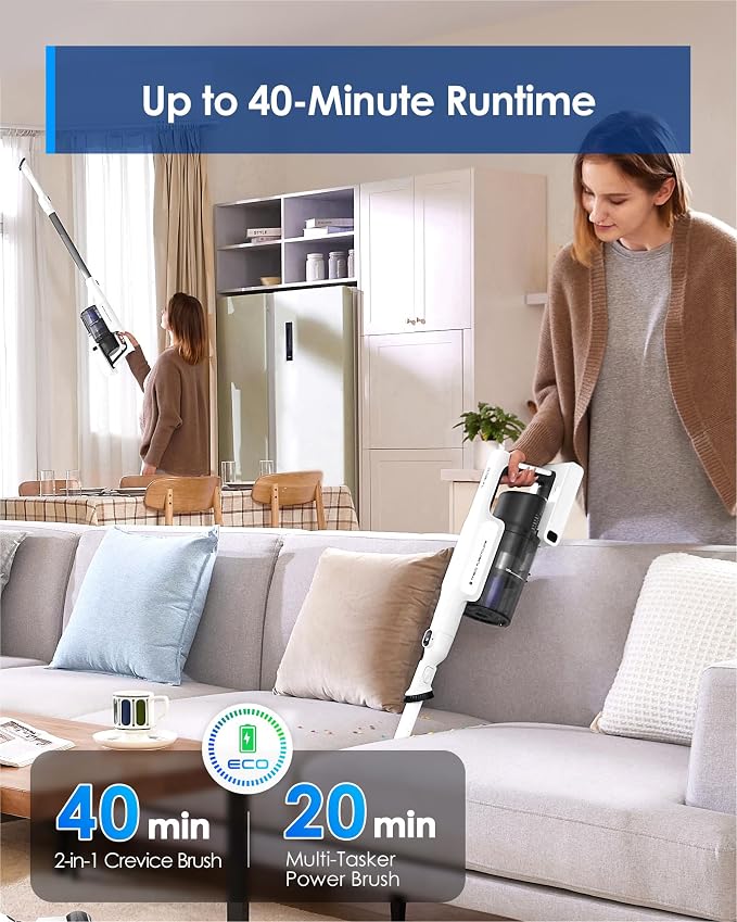 A20 Cordless Stick Vacuum Cleaner, Powerful Suction, 3 Modes for Multi-Level Messes, 1L Larger Dustbin, Ergonomic Dual-Handle