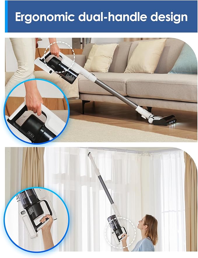 A20 Cordless Stick Vacuum Cleaner, Powerful Suction, 3 Modes for Multi-Level Messes, 1L Larger Dustbin, Ergonomic Dual-Handle