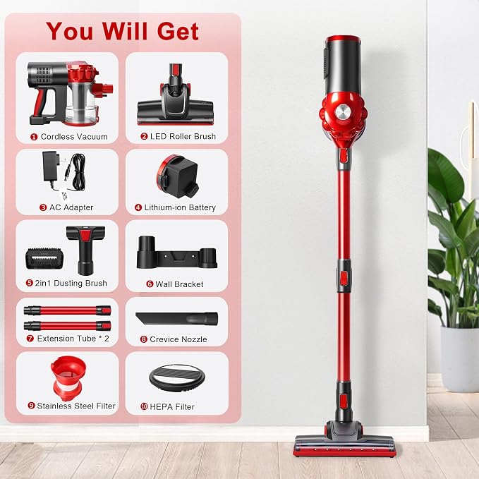 A200 Cordless Vacuum Cleaner, Stick Vacuum with Powerful Suction, 38 Mins Runtime, Rechargeable Battery, HEPA Filter