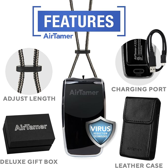 A320 Rechargeable Personal Air Purifier, Proven Performance, Virus and Pollutant Tested*, Black with Leather Travel Case