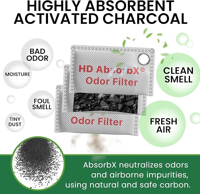 AbsorbX High-Density Charcoal Air Purifying Bags 3-Pack – Bamboo Activated Charcoal Odor Eliminators for Home, Car, Closet