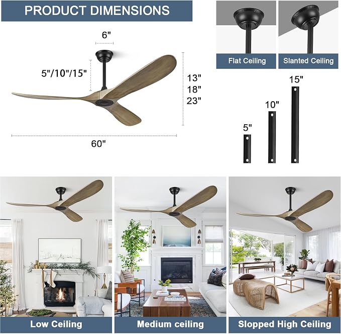 52" Ceiling Fan without Light - 52 inch Propeller Solid Wood Blades Bronze Gray Ceiling Fan no Light with