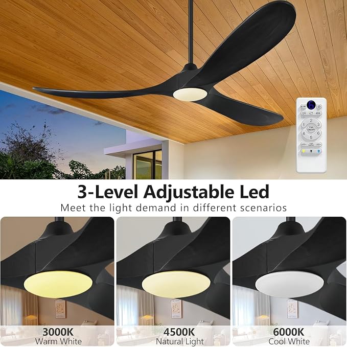 52 Inch Ceiling Fans with Lights and Remote Control, Wood Outdoor Ceiling Fan with light 3 Blades Propeller