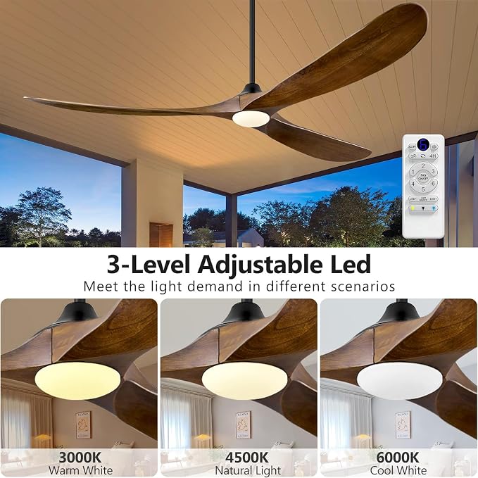 60 Inch Ceiling Fans with Lights, Solid Wood Propeller Ceiling Fans with Lights and Remote Control Outdoor