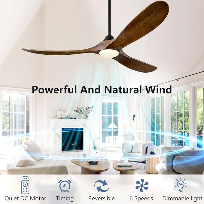 60 Inch Ceiling Fans with Lights, Solid Wood Propeller Ceiling Fans with Lights and Remote Control Outdoor