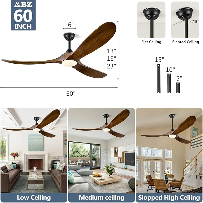 60 Inch Ceiling Fans with Lights, Solid Wood Propeller Ceiling Fans with Lights and Remote Control Outdoor