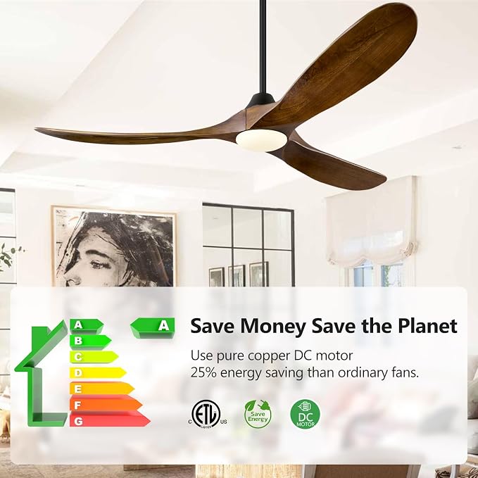 60 Inch Ceiling Fans with Lights, Solid Wood Propeller Ceiling Fans with Lights and Remote Control Outdoor