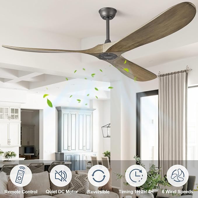 72" Ceiling Fan without Light - 72 inch Propeller Solid Wood Blades Bronze Gray Ceiling Fan no Light with