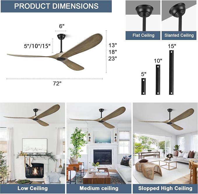 72" Ceiling Fan without Light - 72 inch Propeller Solid Wood Blades Bronze Gray Ceiling Fan no Light with