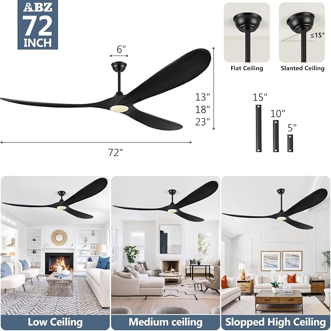 72 Inch Ceiling Fans with Lights, Solid Wood Propeller Large Outdoor Ceiling Fan with Light and Remote Control