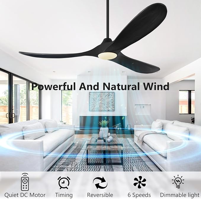 Ceiling Fans with Lights and Remote Control, 60 Inch Solid Wood Propeller Outdoor Ceiling Fan for Patios