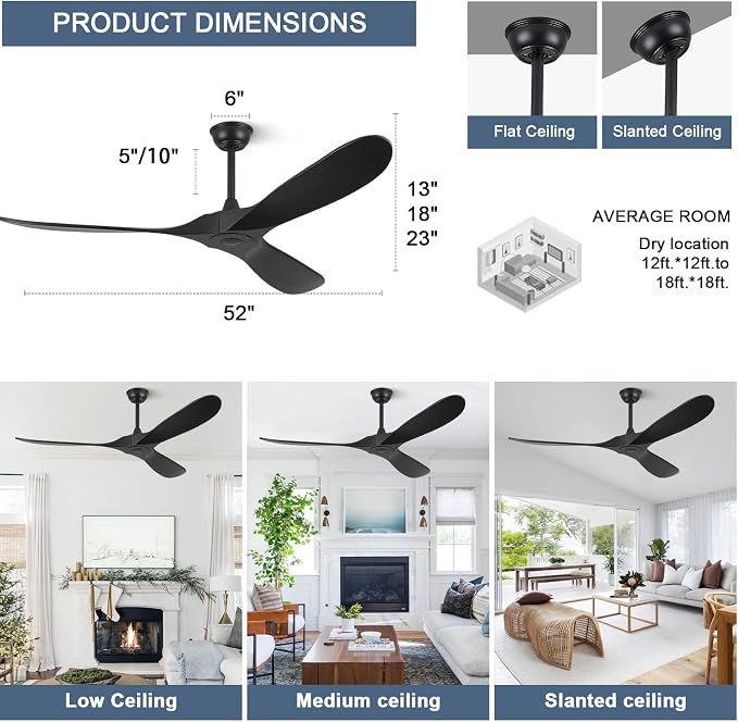 Ceiling Fans without Lights - 52 Inch Modern Ceiling Fans no Lights with Remote Control, alternate product view