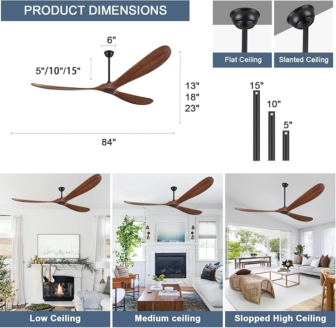 Wood Ceiling Fans without Lights, 84 Inch Extra Large Ceiling Fan no Light with Remote, alternate product view