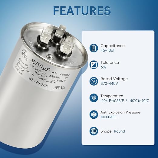 AC Capacitor 45+10 uF 45/10 MFD ±6% 370V/440VAC CBB65 Dual Run Circular Start Capacitor for Heat Pump Air, alternate view 3
