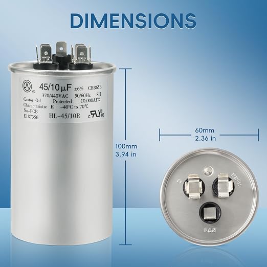 AC Capacitor 45+10 uF 45/10 MFD ±6% 370V/440VAC CBB65 Dual Run Circular Start Capacitor for Heat Pump Air, alternate view 5
